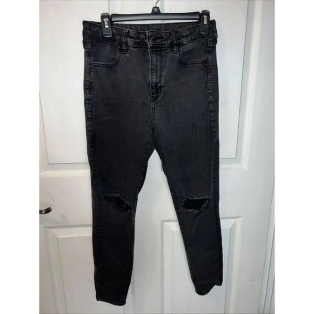 American‎ Eagle Super Hi-Rise Skinny Womens Size 10 Long Black Faded Distressed